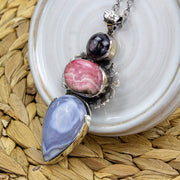 Sterling Silver Madagascan Ruby Rhodochrosite and Blue Lace Agate Crystal Gemstone Pendant (Nepal) Charms & Pendants