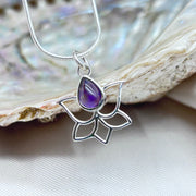 Sterling Silver Lotus with Drop Amethyst Crystal Pendant Charms & Pendants