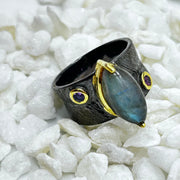 Labradorite Rhodium Plated Sterling Silver Ring With Amethyst And Ruby 7 Sterling Silver Rings