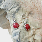Sterling Silver Square Shaped Ruby Faceted Crystal Earrings Sterling SIlver Earrings