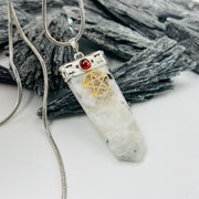 Moonstone Genuine Crystal Tabby Shaped White Metal Pendant With Pentacle Charms & Pendants