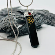Black Tourmaline Pentacle Crystal Pendant Encased In White Metal