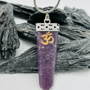 Lepidolite White Metal Pendant with Etched Gold “OM” Symbol Pendants