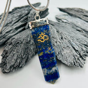 Lapis Lazuli Tabby Shaped Crystal with Etched Gold “OM“ Symbol Charms & Pendants