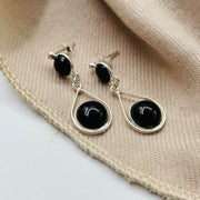 Timeless Sophistication: Sterling Silver Duo-Black Onyx Cabochon Crystal Earrings