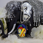 Lapis Lazuli Crystal Gemstone Sterling Silver Pendant with hand-painted Krishna and Radha Deities