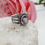 Sterling Silver Detailed Faceted Amethyst Crystal Ring