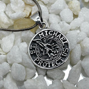 Sterling Silver St Michael Protect Us Small Round Pendant
