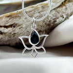 Lotus With Black Onyx Drop Sterling Silver Crystal Pendant