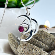 Sterling Silver Triple Crescent Moon Crystal Pendant with Ruby