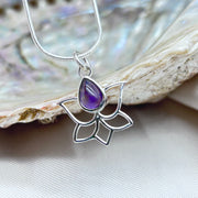 Sterling Silver Lotus with Drop Amethyst Crystal Pendant