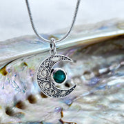 Crescent Moon Filigree With Emerald Sterling Silver Pendant