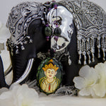 Chenrezi Buddha Painted on Moss Agate with Amethyst, Garnet and Moss Agate Crystal Gemstone Beads