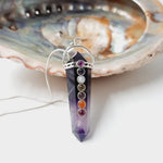 Double Terminated Amethyst Quartz Crystal Pendant With Chakra Gemstone Cabochons.