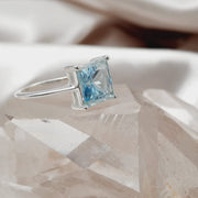 Faceted Blue Topaz Crystal Sterling Silver Square Shaped Ring