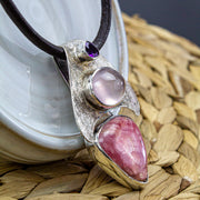 Sterling Silver Amethyst, Rose Quartz and Rhodochrosite Crystal Gemstone Pendant