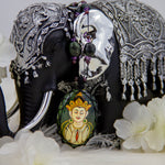 Chenretik Buddha Painted on Moss Agate with Amethyst, Garnet and Moss Agate Crystal Gemstone Beads