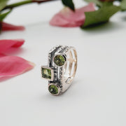 Sterling Silver 3 Stone Faceted Peridot Crystal Ring