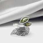 Sterling Silver Faceted 2 Stone Leaf Peridot Crystal Ring