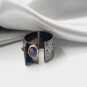 Rhodium Plated Sterling Silver Faceted Amethyst Crystal Ring